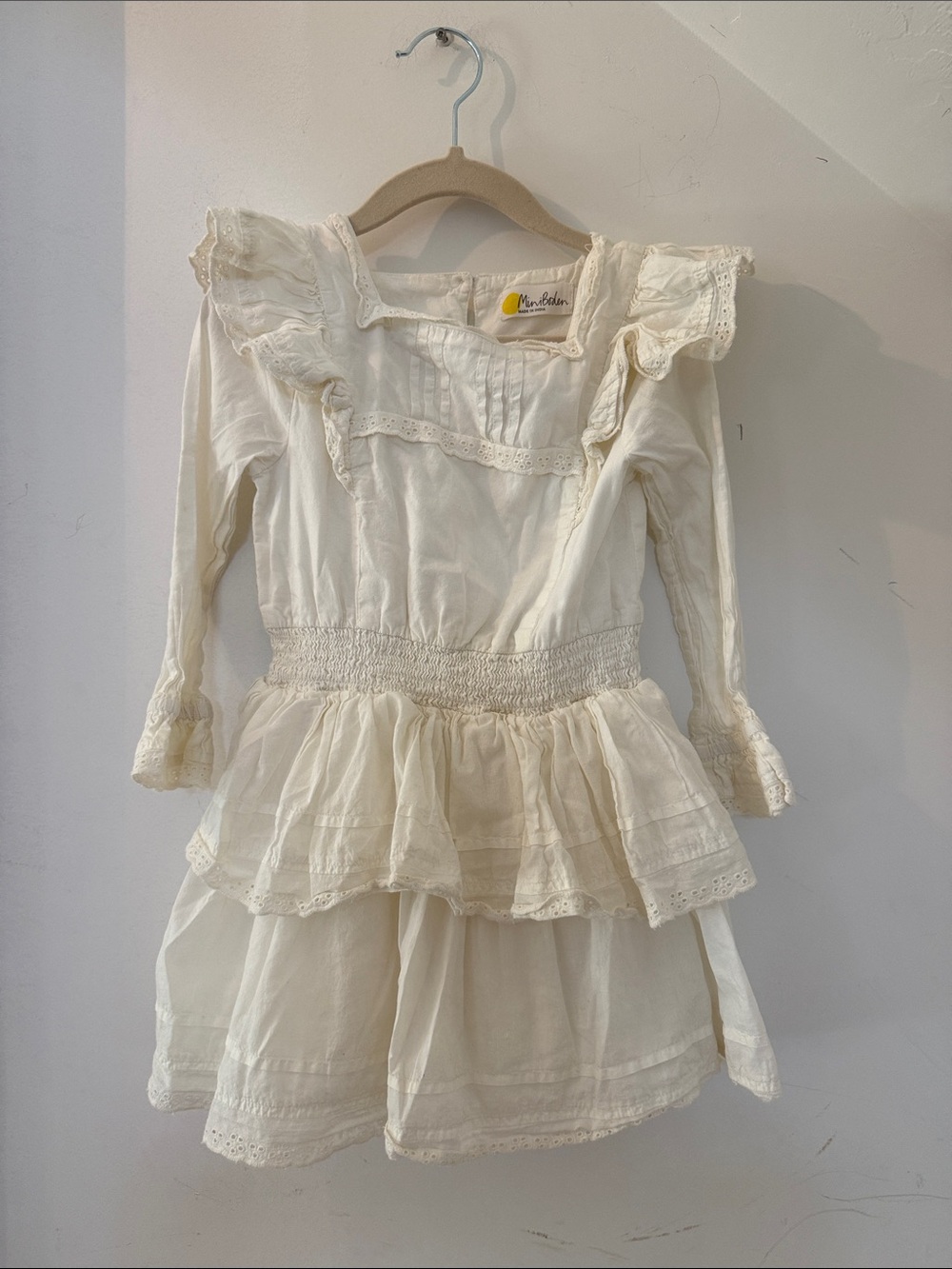 Mini Boden Cream Ruffle Long-Sleeve Tiered Dress